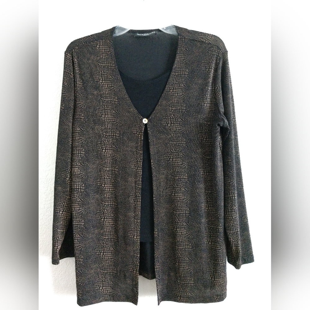 Impressions Lifestyle Travelers Knit Top Shirt Black Brown Animal Print Medium